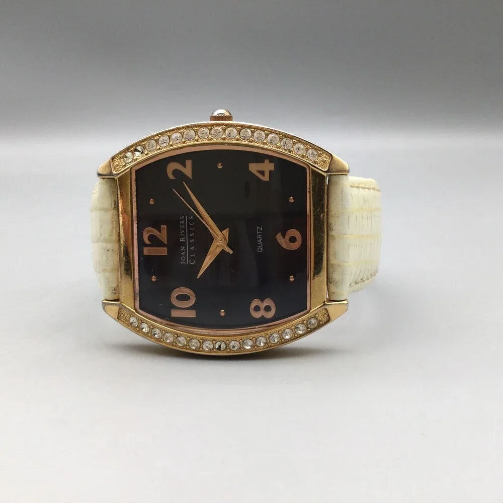 Joan Rivers Womens Watch 41mm Black Dial Gold Case White Leather 4377